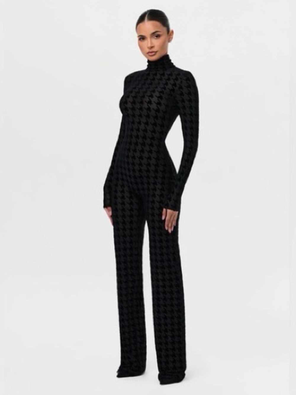 NAKED WARDROBE Straight Leg Jumpsuit Medium Burnout Velvet Houndstooth Sheer NWT